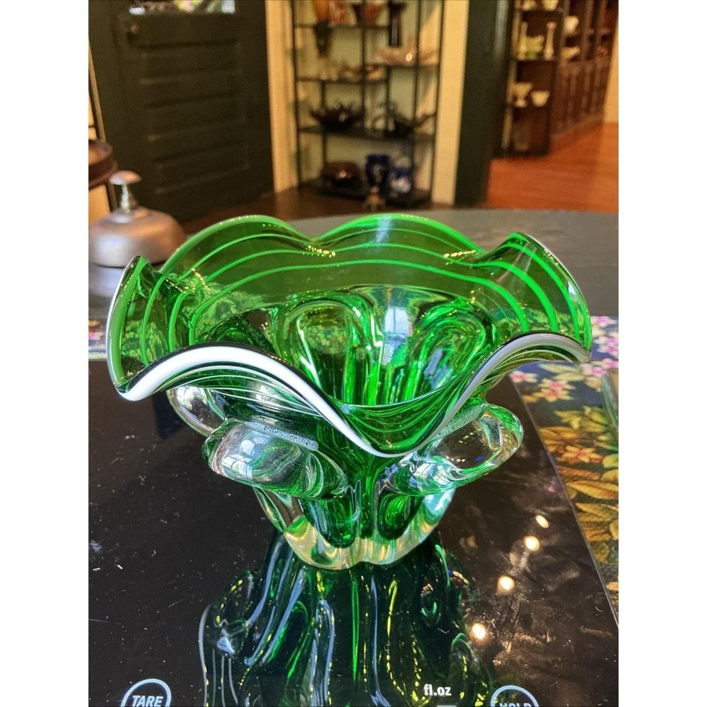 VTG 4” Jan Beranek Emerald Green Art Glass Sommerso-Style Skrdlovice, Czech